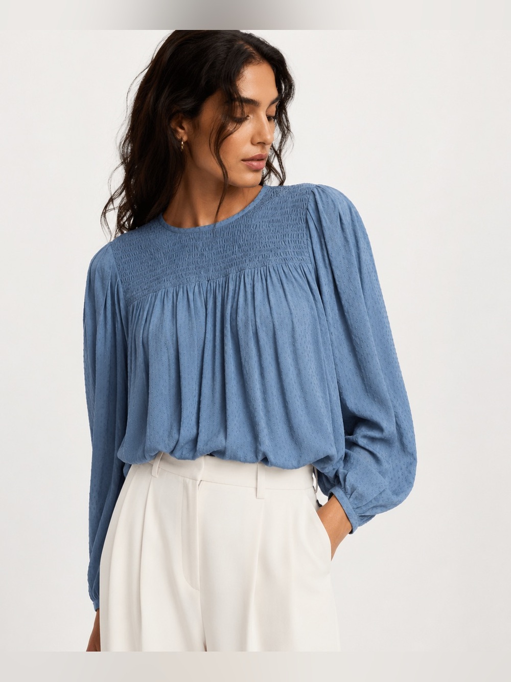 NWT Aritzia Little Moon Solarium Swiss Dot Smocked Blouse NWT Blueprint Blue L